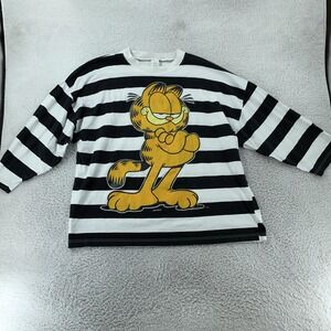 Vintage Garfield Striped Shirt XL Black White Cartoon Cat Jim Davis Tee USA 90s